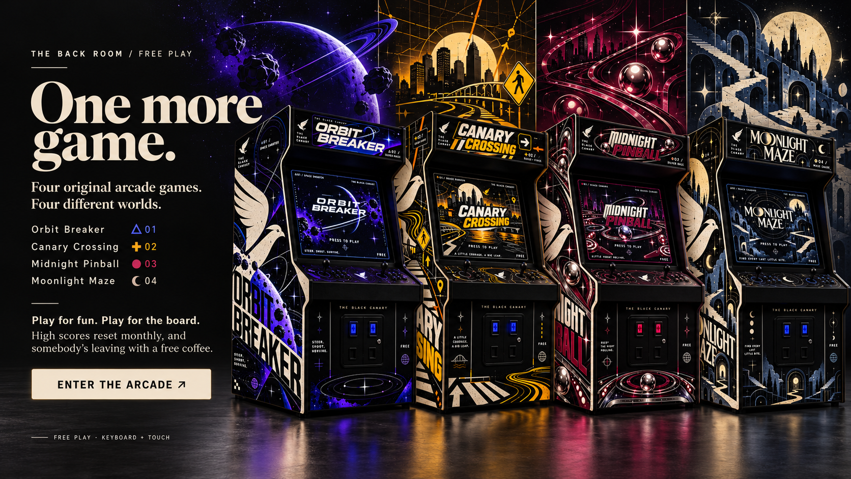 Four Black Canary arcade cabinets ready for free play