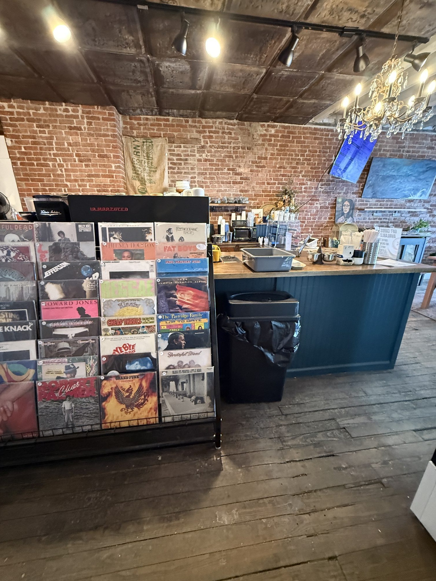 Vinyl records beside the café bar